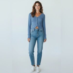 Ribbed Boyfriend Crop Top Large NWT | Button Front Long Sleeve Stretch Knit